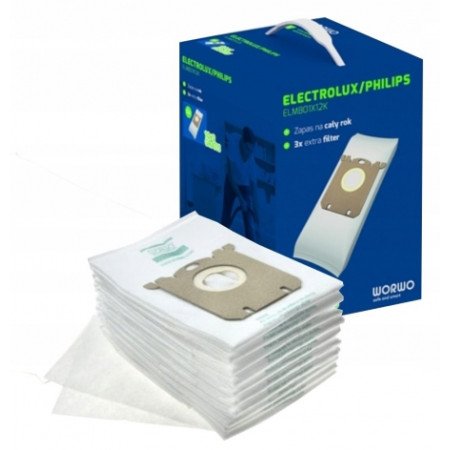 ELMB01x12K Мішки WORWO 12 шт+3 шт фільтр мотора для порохотягів PHILIPS/ELECTROLUX [931-16]